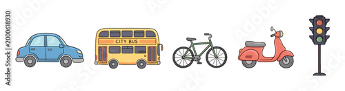 Charming collection of cartoon vehicles, including a blue car, yellow city bus, green bicycle, and red scooter, along with a traffic light, illustrating diverse urban transportation options