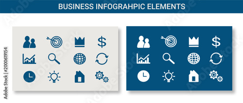 Set of icons for websites, presentations and flyers. Collection of Business Infographic Elements. Symbols for design: clock, crown, globe, darts, interaction, chart, magnifying glass, money, movement.