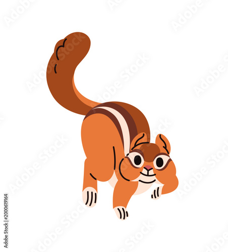 Happy chipmunk looks with curiosity in funny pose. Cute squirrel with striped coat. Curious baby animal of forest. Amusing wild character, wildlife. Flat isolated vector illustration on white