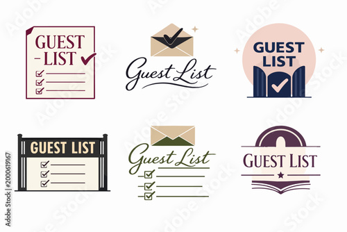 Guest list icons presenting event planning, invitation, and registration concepts, featuring checklists and response tracking