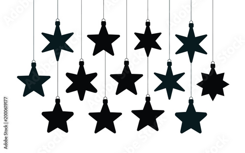 Black star shaped christmas ornaments hanging on strings festive holiday decorations night sky inspiration dark shiny baubles elegant minimalist design white