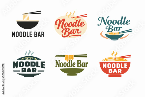 Noodle bar logo set visualizing asian food concept with chopsticks, bowl, and typography for restaurants and takeaway businesses