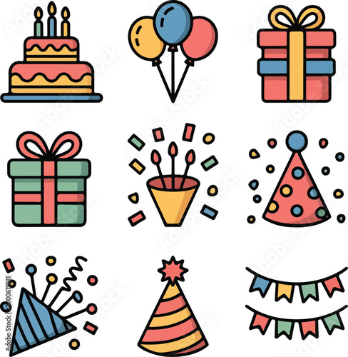 Colorful birthday icons vector set with cake balloons gift box party hat candles confetti and celebration elements, modern flat design editable illustration for greeting cards posters social media