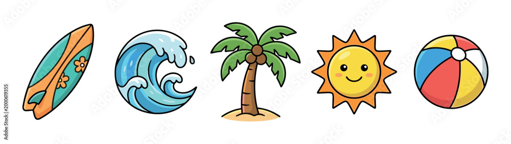 Naklejka premium Cute cartoon summer beach elements including surfboard, wave, palm tree, sun, and beach ball arranged horizontally in a playful illustration.