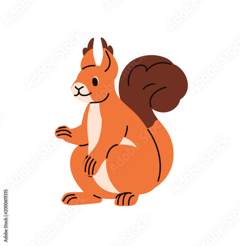 Happy baby squirrel with fluffy tail sits in cute pose. Funny little animal of forest with ginger coat. Curious character of woodland wildlife. Flat isolated vector illustration on white background