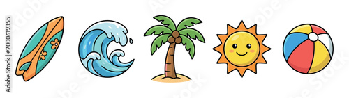 Cute cartoon summer beach elements including surfboard, wave, palm tree, sun, and beach ball arranged horizontally in a playful illustration.