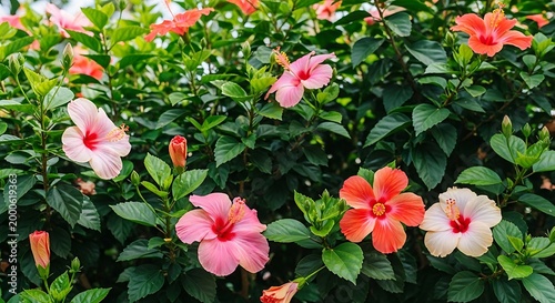 Colorful hibiscus flowers growing on a lush green bush
