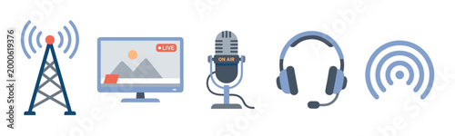 Broadcasting and media equipment icons representing live streaming, radio transmission, audio communication, and digital content creation services.