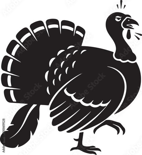 Black silhouette of a proud turkey with fanned tail feathers and walking stance on transparent background.