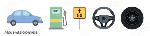Car, fuel pump, road sign, steering wheel, and tire icons represent essential elements of driving and transportation in a flat design style.