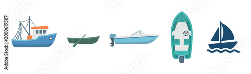 Various types of boats and watercraft illustrations showcasing different vessels like fishing boats, rowboats, speedboats, and sailboats for maritime themes.