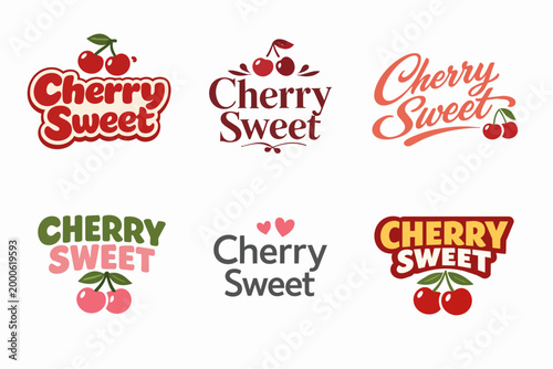 Cherry sweet text logo designs set with fresh fruit berry elements and a variety of cheerful typography styles