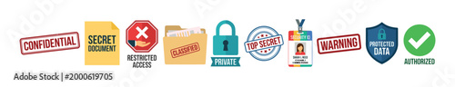 Confidential document security and privacy icons illustrate various levels of information protection, restricted access, and data authorization protocols.