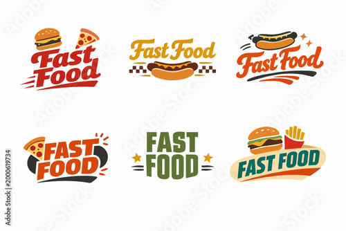 Set of diverse fast food logos, featuring iconic edibles like burgers, pizza slices, hot dogs, and french fries