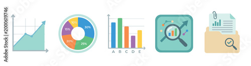 Business data analysis icons collection illustrating various financial growth metrics and statistical reports for corporate presentations.