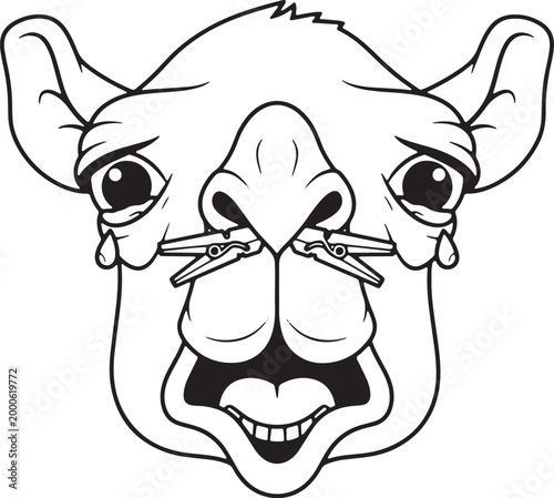 Funny cartoon camel face with sad eyes and clothes pins on nose drawn in black outline on transparent background.