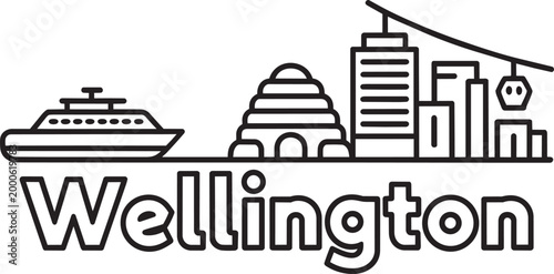 Wellington skyline vector illustration with ferry building and buildings and cable car line style