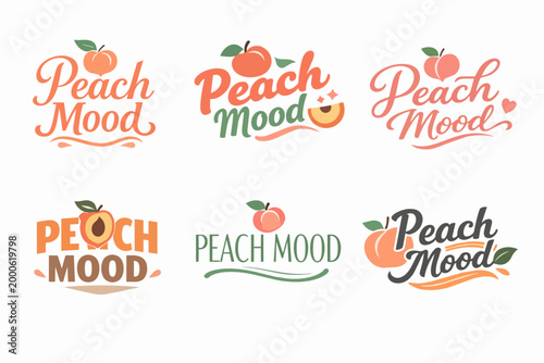 Peach mood logo set visualizing fresh fruit branding, summer vibes, and natural sweet flavors