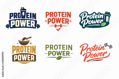 Protein power logo designs for supplement brands, gym, or fitness business, combining iconography with typography