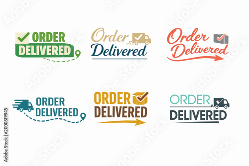 Order delivered logos set for shipping service, parcel tracking, courier success and logistics solutions branding