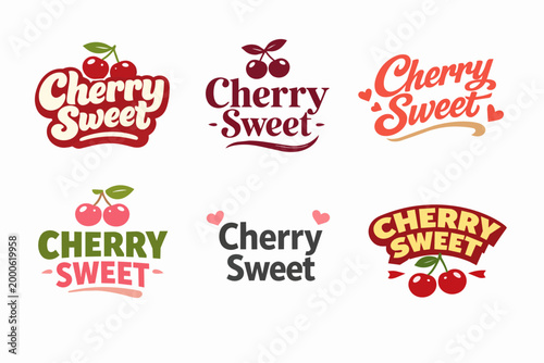 Cherry sweet logo designs featuring sweet fruit illustrations, modern and retro typography, and branding elements for product identity