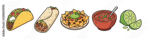 Delicious Mexican food items including tacos, burritos, nachos, salsa, and lime slices are presented in a vibrant cartoon style illustration.
