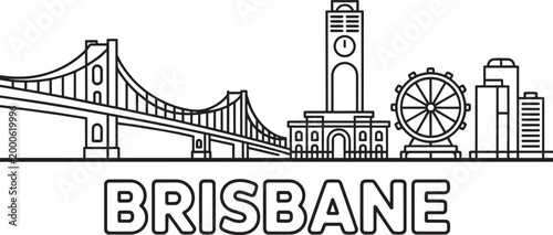 Brisbane cityscape skyline with bridge clock tower and ferris wheel illustration with iconic landmarks