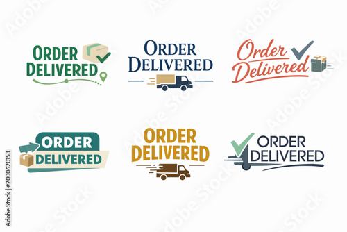 Order delivered typography designs with shipping truck, package, and checkmark icons representing successful logistics and fast delivery