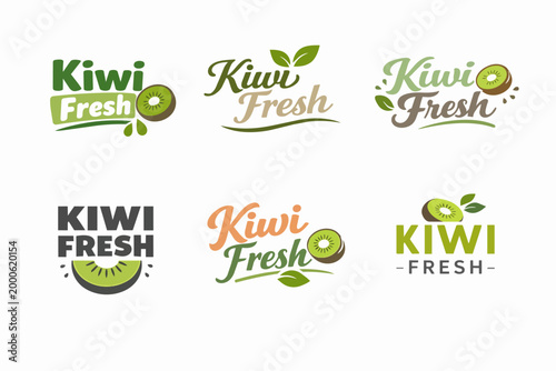 Branding set for kiwi fresh fruit products, showcasing various logo designs with slices, leaves, and typography