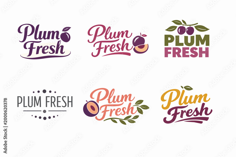 Fototapeta premium Plum fresh branding design set offering six unique logos with fruit elements and fresh produce concepts