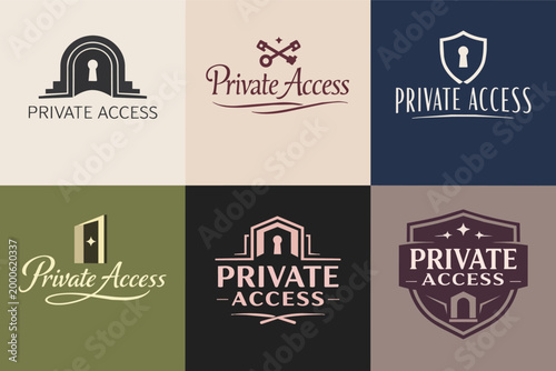 Private access logos for secure data, exclusive members, privacy protection, and restricted online portals