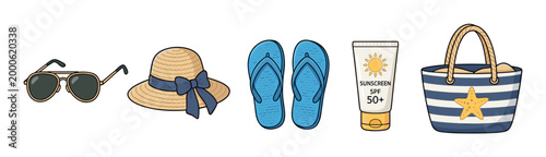 Summer beach vacation essentials collection including sunglasses, a straw hat, flip-flops, sunscreen, and a striped bag, ready for a sunny holiday.