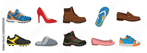 Various types of footwear are neatly arranged, showcasing a diverse collection of shoes for different occasions and activities, from athletic sneakers to elegant heels.