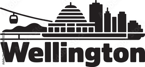 Wellington skyline vector illustration with cable car and distinctive buildings in silhouette style