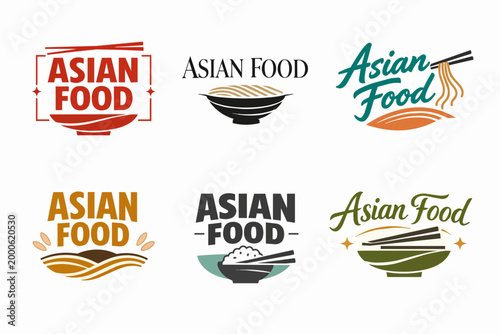 Asian food logos in a set, featuring various graphic styles for restaurant branding, using typical dishes and utensils