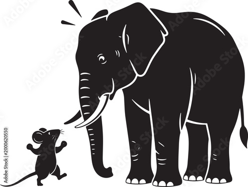 Elephant and mouse looking at each other fear reaction surprise small animal big mammal interaction isolated.