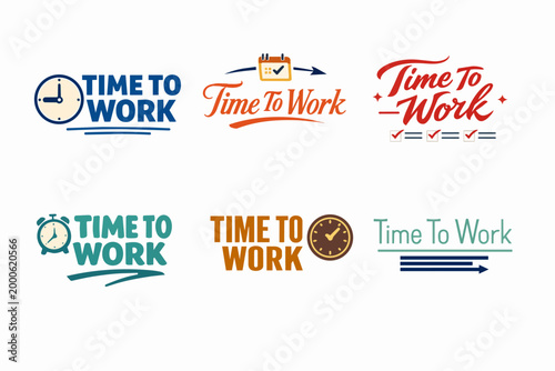 Time to work logo design set in various styles, representing productivity, deadlines, and daily planning