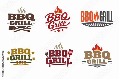Bbq grill logo collection with flames, spatulas, and forks representing cooking, restaurant, and summer food concepts