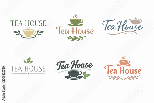 Collection of organic tea house logo designs featuring cups, kettles, and leaves, symbolizing natural beverages and cafes