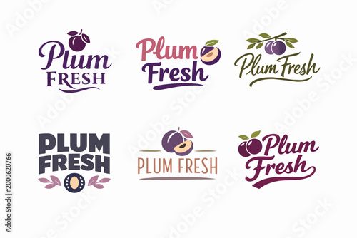 Fresh plum fruit product labels set offering various creative typography logo designs on white background