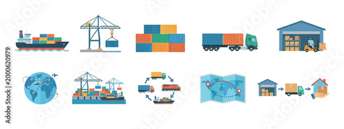 Logistics and supply chain icons illustrate global transportation, cargo delivery, and warehouse operations, depicting the intricate network of modern freight movement.