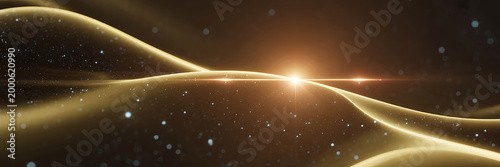 Glowing golden light waves with starry night sky background and bright shining star in the center of the frame with sparkling particles