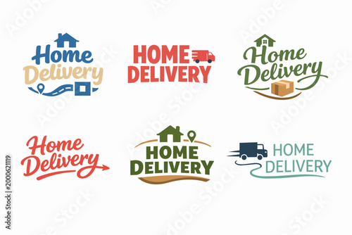 Set of home delivery service logos displaying houses, trucks, and packages. Concepts of fast and reliable shipping