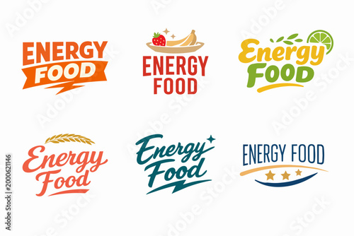 Energy food logo set presenting various styles and icons for natural, organic, and healthy eating brands
