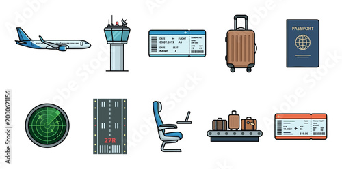 Aviation travel and airport related vector illustrations showcasing essential elements of air transportation and journey planning.