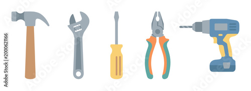 Various essential hand tools for construction and repair work, including a hammer, wrench, screwdriver, pliers, and drill, presented in a clean, flat design.