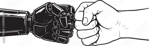 Robotic hand and human fist bumping in greeting or agreement, symbolizing future technology and human collaboration