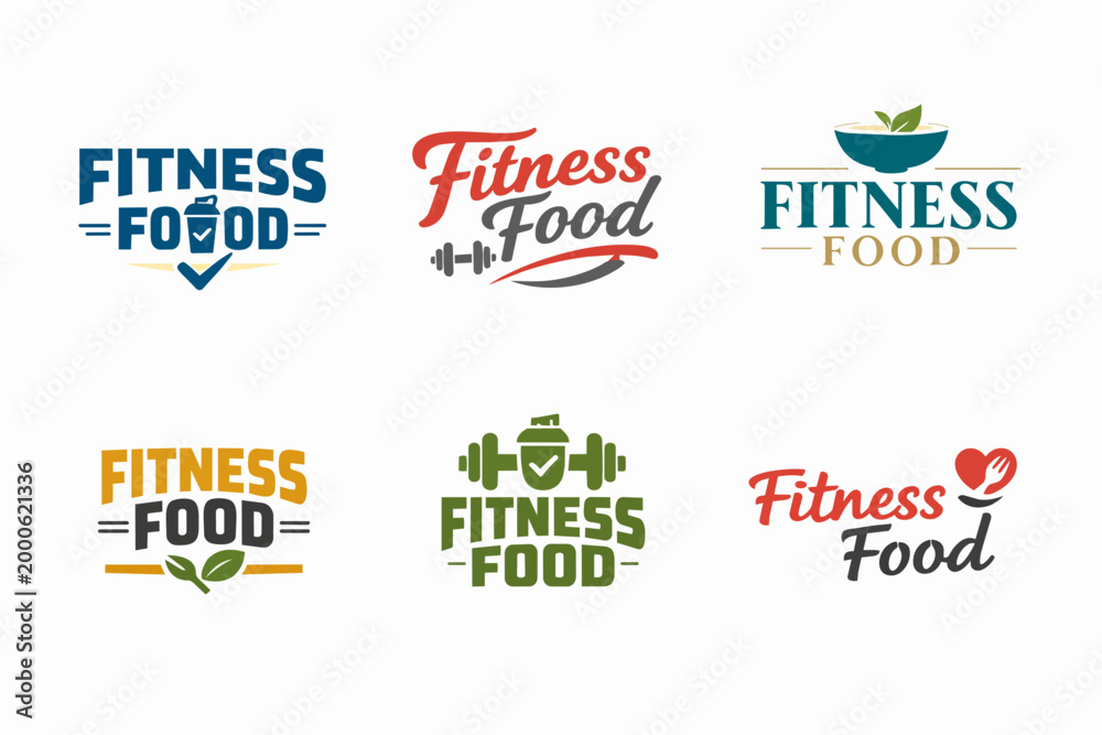 Fototapeta premium Fitness food logos collection illustrating concepts for healthy nutrition, bodybuilding, gym, diet, and wellness branding