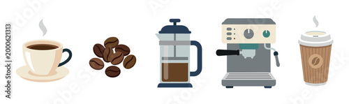 Coffee beans, cups, and machines are depicted in a charming flat illustration style, showcasing various brewing methods and serving options.