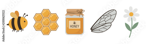 Cute cartoon bee, honeycomb, honey jar, bee wing, and daisy flower vector illustration set depicting natural elements of beekeeping and pollination.
